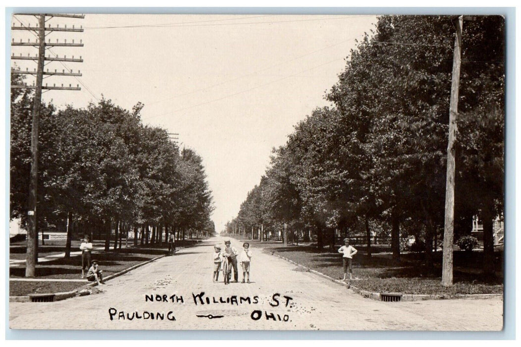 c1910's North Williams Street Kids Bicycle Paulding Ohio RPPC Photo Postcard