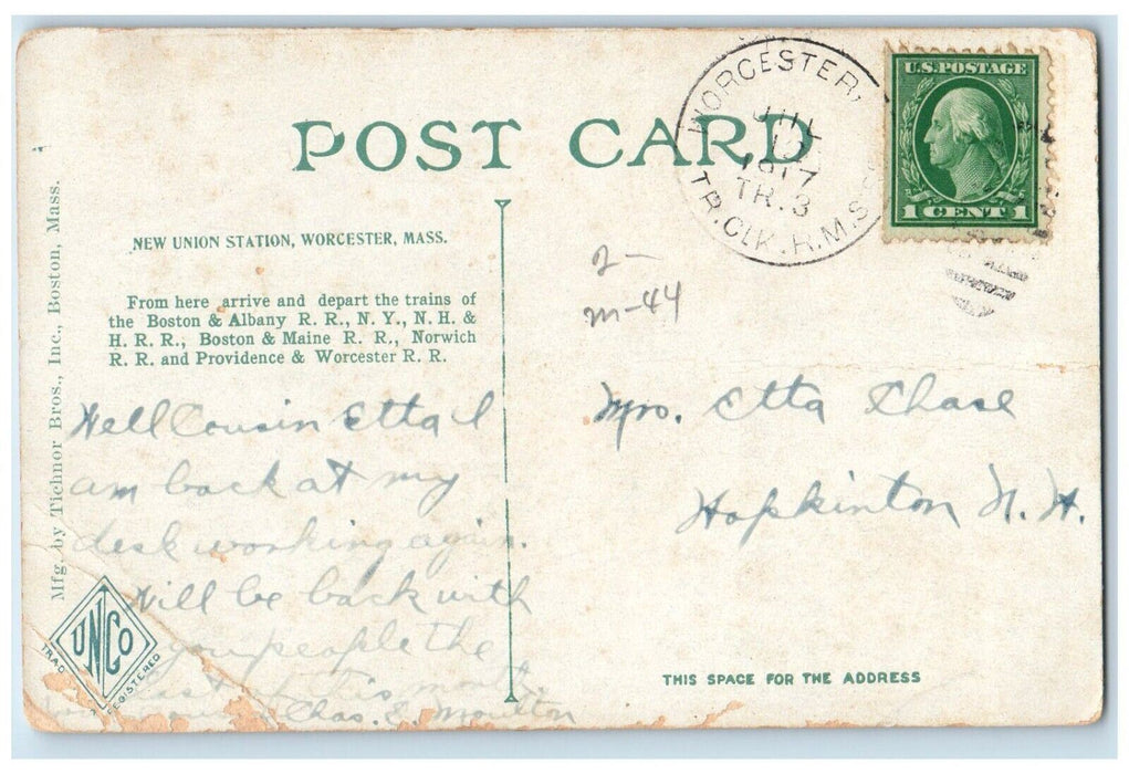 1917 New Union Station Building Worcester Massachusetts MA Antique Postcard