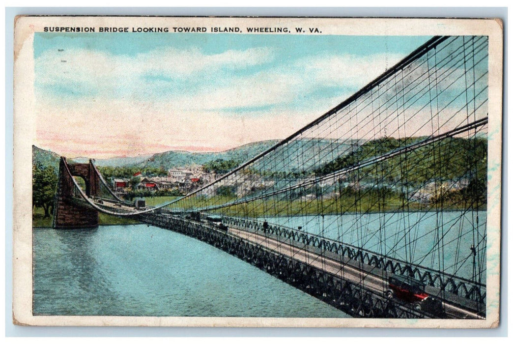 1929 Suspension Bridge Looking Toward Island Wheeling West Virginia WV Postcard