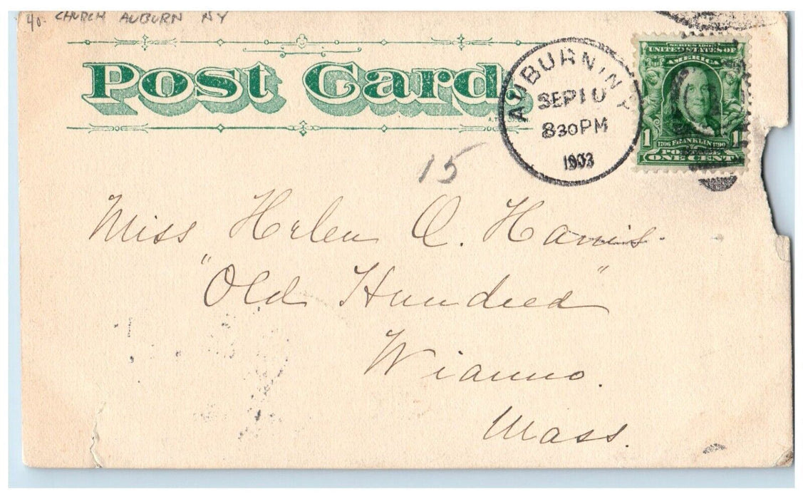 1903 Church And Trees At Auburn New York NY Posted Antique RPPC Photo Postcard