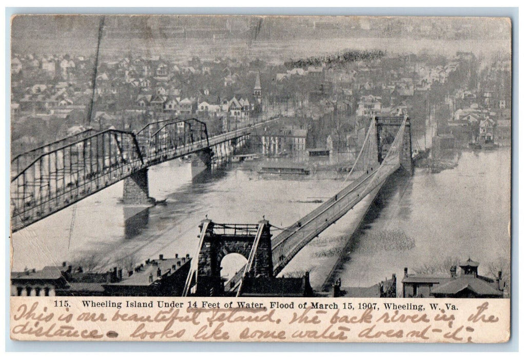 1907 Wheeling Island Under 14 Feet Of Water Fold West Virginia WV Postcard