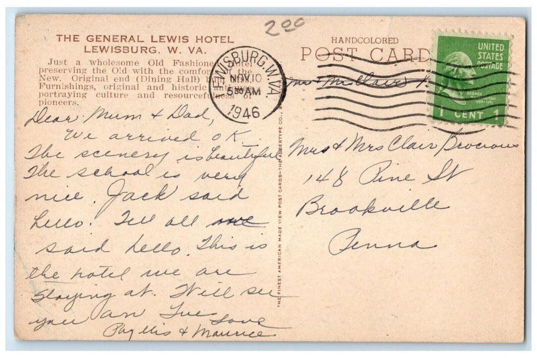 1946 View Of General Lewis Hotel Lewisburg West Virginia WV Handcolored Postcard