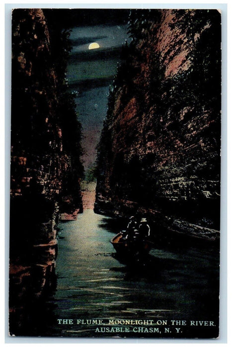c1930's The Flume Moonlight On The River Boating Ausable Chasm NY Postcard