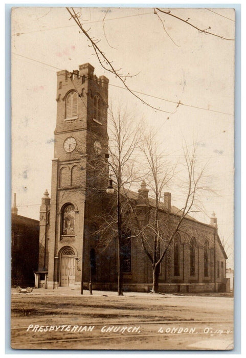 1909 Presbyterian Church London Ohio OH, Tower Clock Antique RPPC Photo Postcard