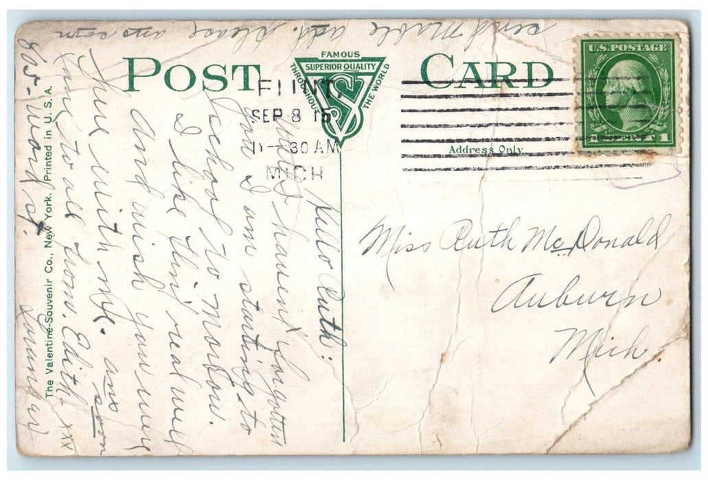 1915 The Dort School Building Clock Tower Flint Michigan MI Antique Postcard