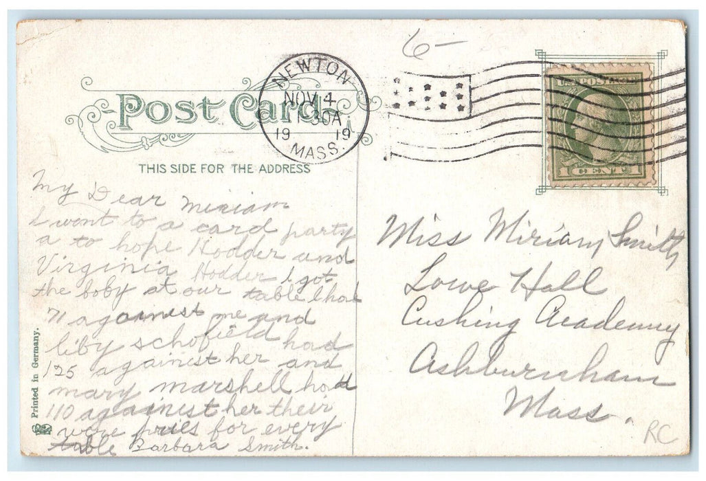 1919 Hunnewell Club Building Newton Massachusetts MA Posted Antique Postcard