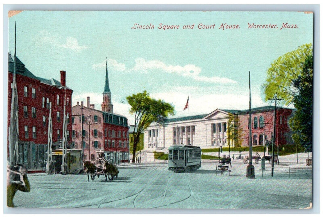 Lincoln Square And Court House Trolley Worcester Massachusetts MA Postcard