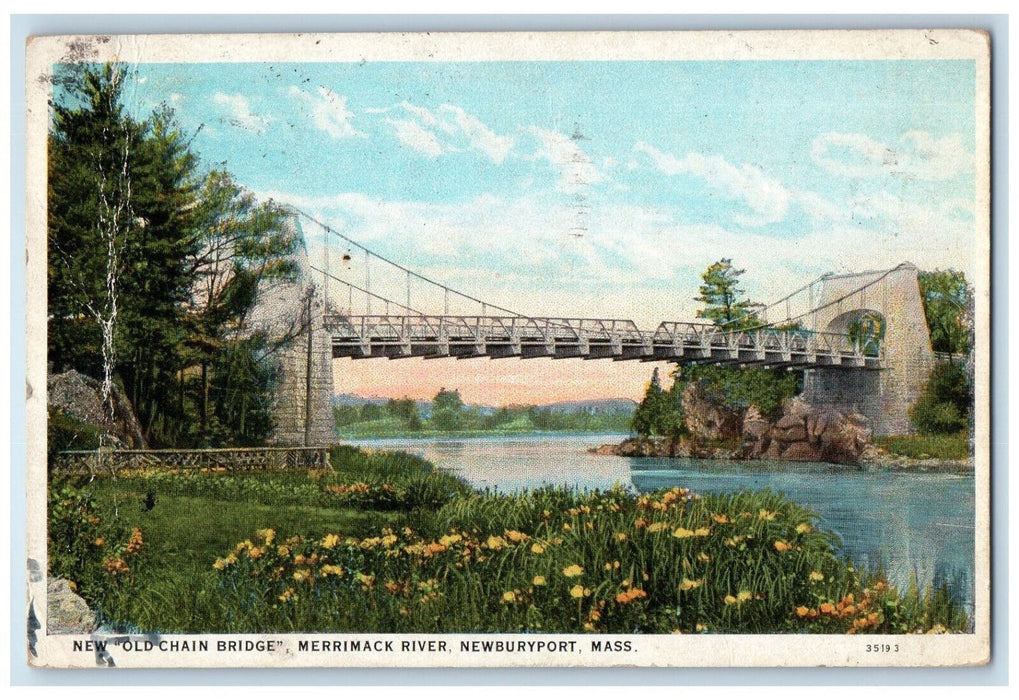 1927 New Old Chain Bridge Merrimack River Newburyport Massachusetts MA Postcard