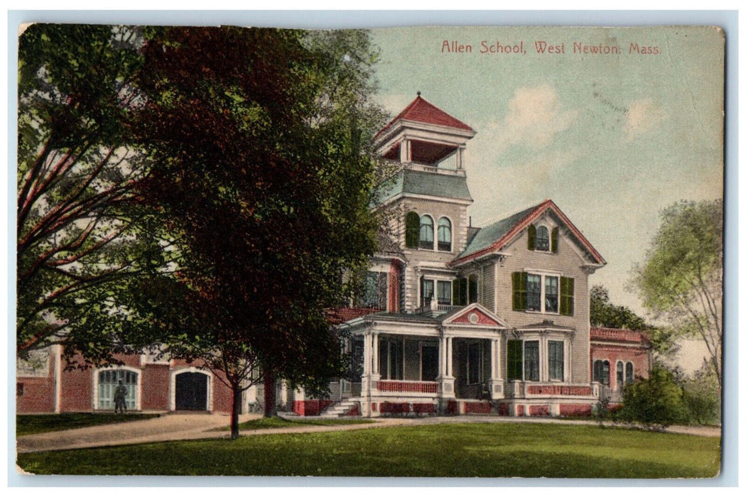 1913 Allen School West Newton Massachusetts MA Posted Antique Postcard