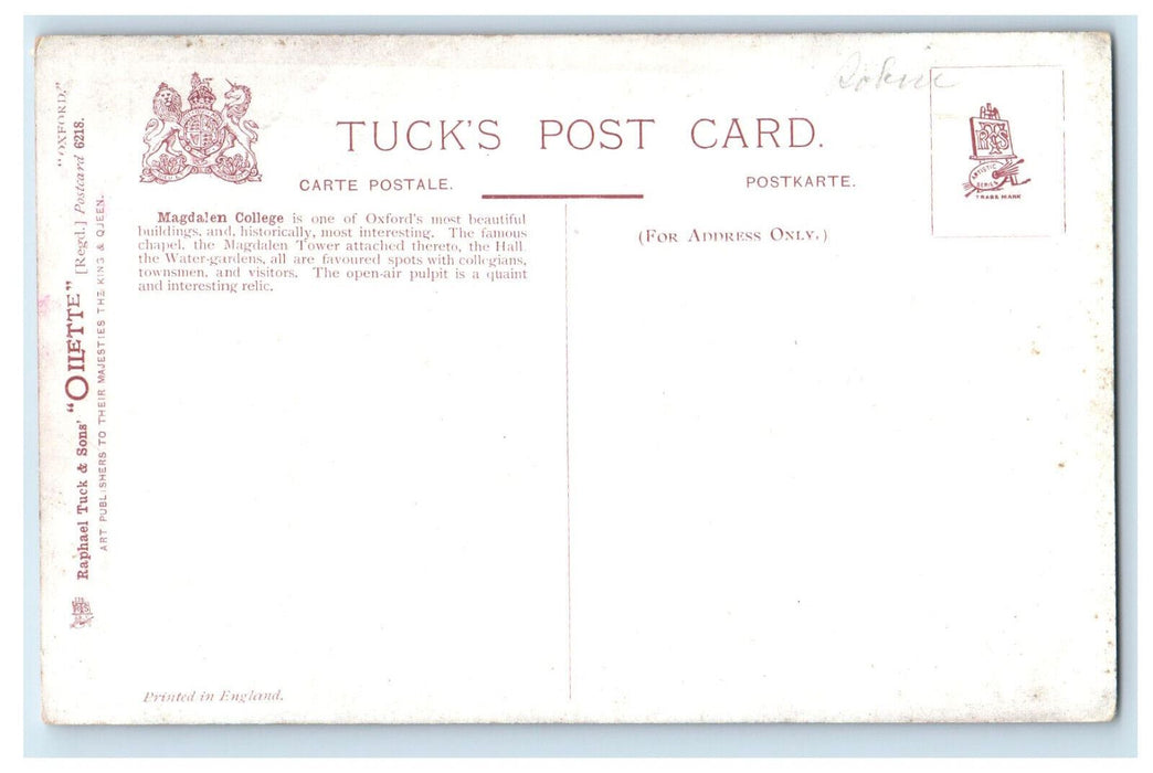 c1910 Open-Air Pulpit Magdalen College Oxford Oilette Tuck Art Postcard