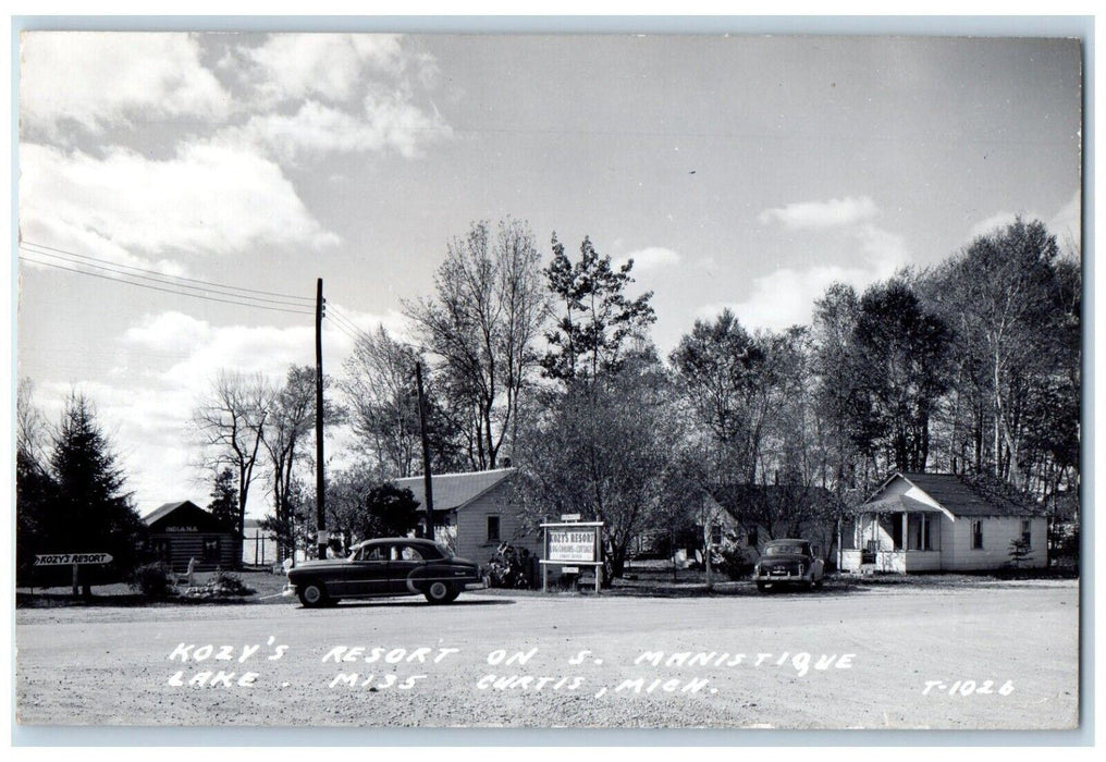 1954 Kozys Resort Log Cabins South Manistique Lake Curtis MI RPPC Photo Postcard