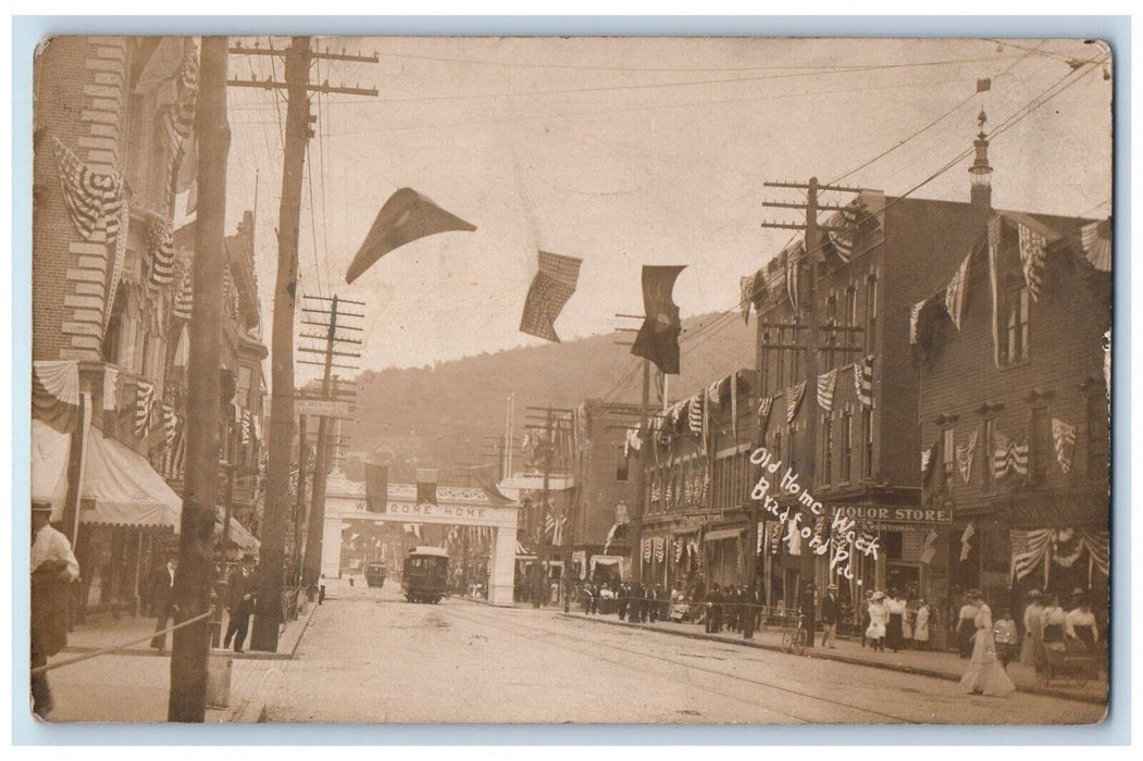 1909 Old Home Week Trolley Liquor Store Bradford PA RPPC Photo Antique Postcard