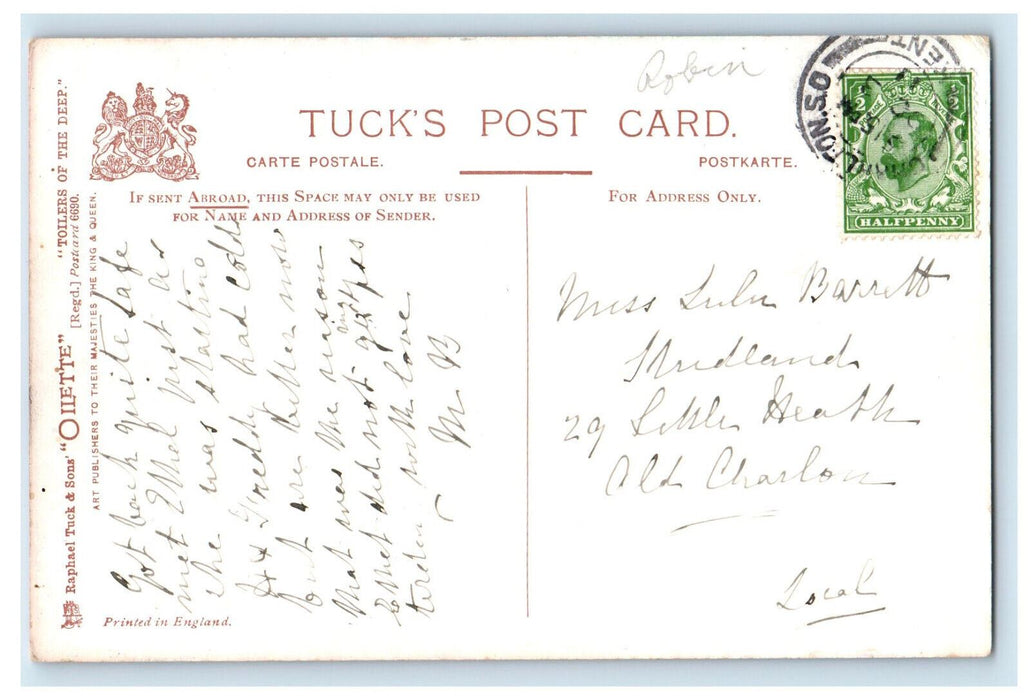 c1910 On The Lookout, Boat, Toilers of the Deep Oilette Tuck Art Postcard