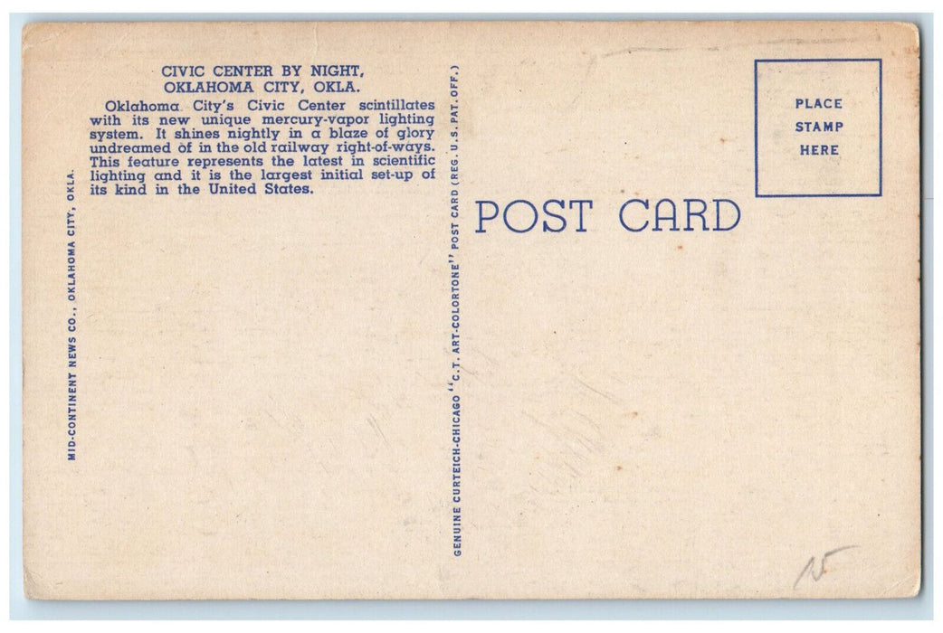 c1950's Civic Center By Night Oklahoma City OK Unposted Vintage Postcard