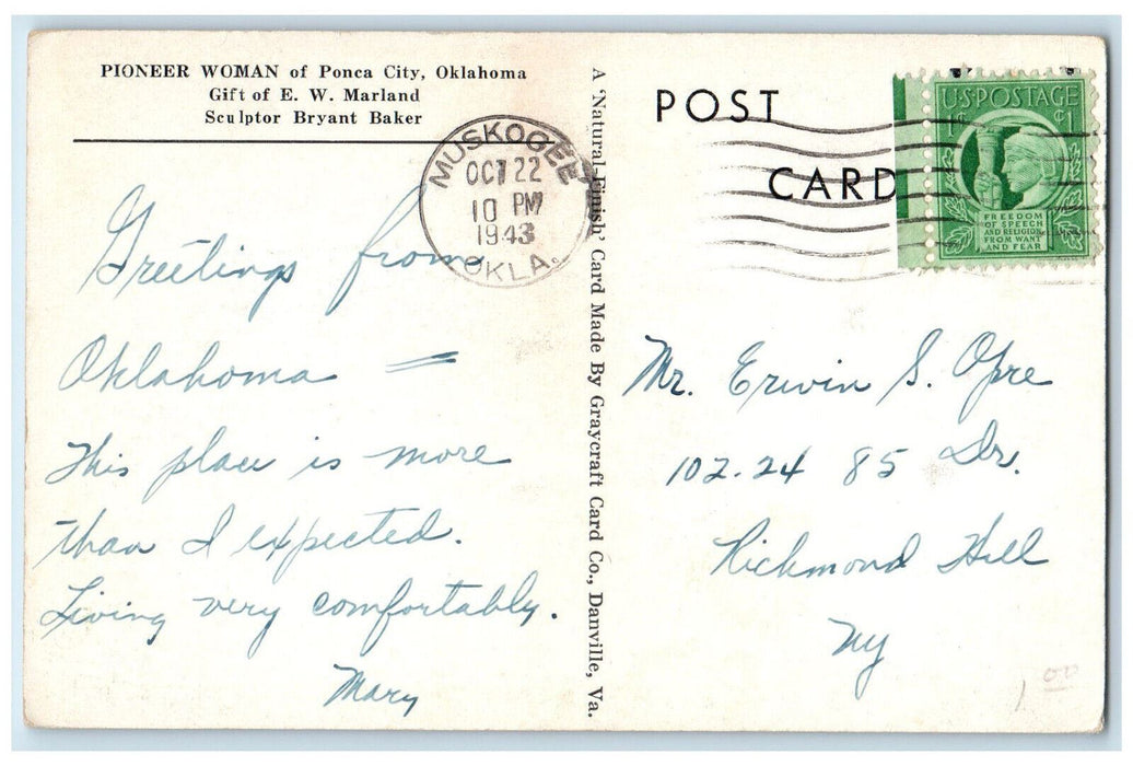 1943 Pioneer Woman Statue Ponca City Oklahoma OK Vintage Posted Postcard