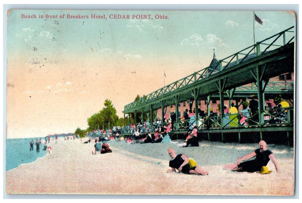 1910 Beach in Front of Breakers Hotel Cedar Point Ohio OH Antique Postcard