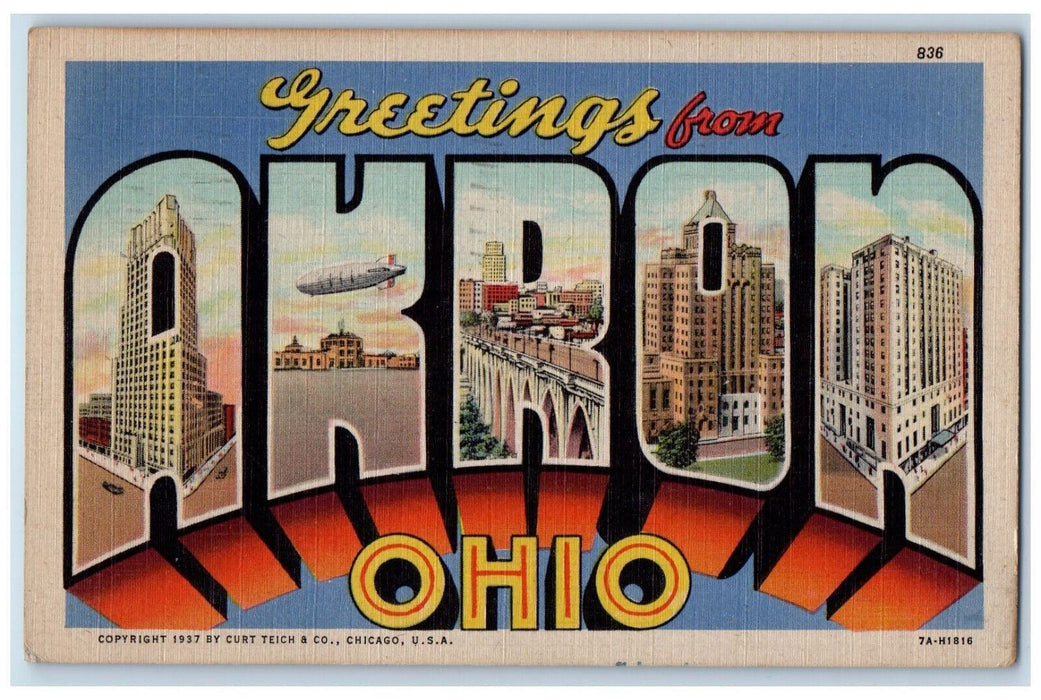 1948 Greetings from Akron Ohio OH Large Letter Air Dirigible Multiview Postcard