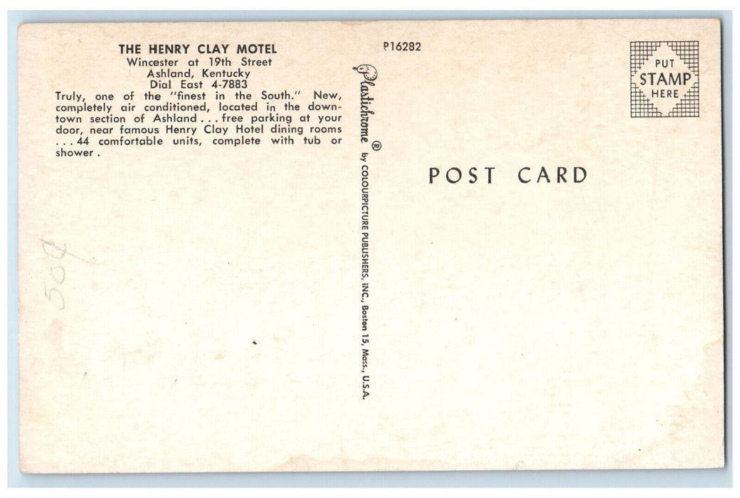 c1950's The Henry Clay Motel Ashland Kentucky KY Vintage Unposted Postcard