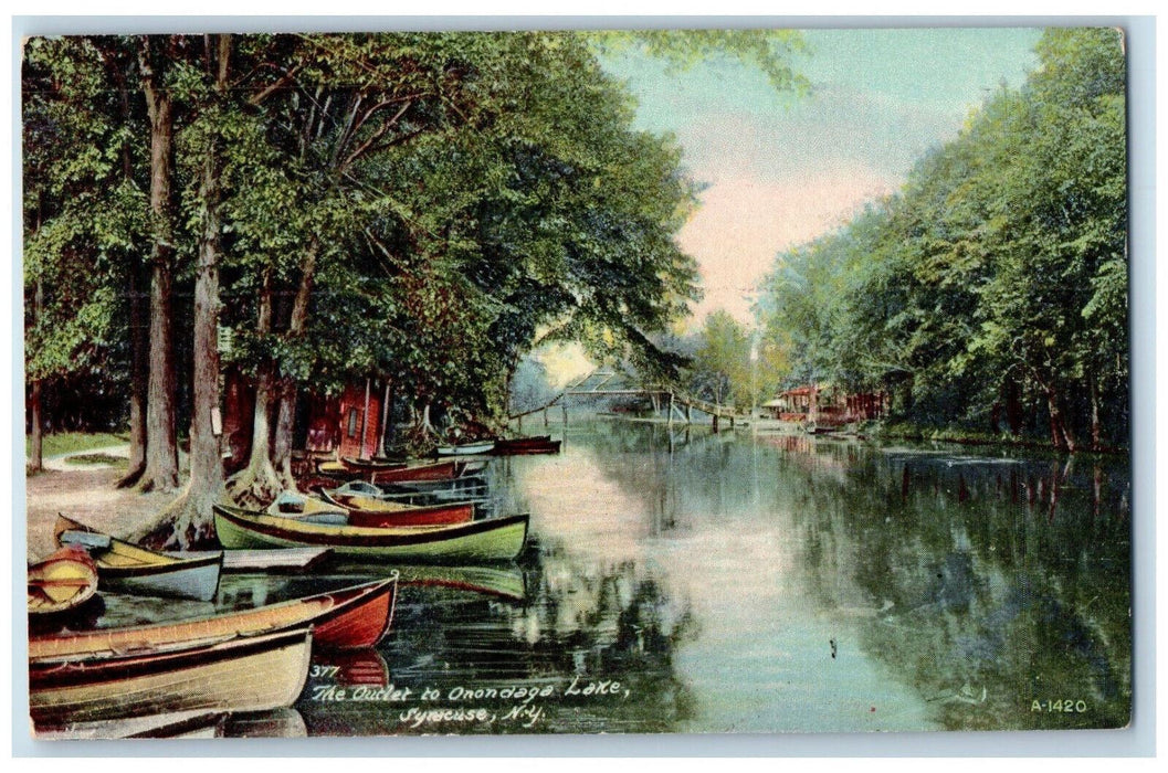 c1910 Colorful Boats The Outlet to Onondaga Lake Syracuse NY Postcard