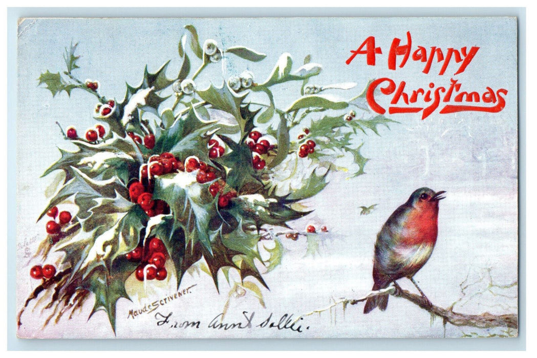 1908 MaudeScrivener Happy Christmas, Bird Tampa FL Oilette Tuck Art Postcard