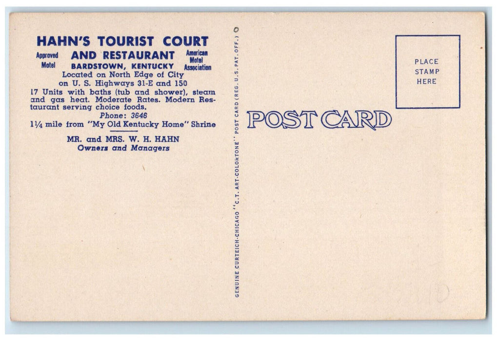 c1940's Hahn's Tourist Court Restaurant Bardstown Kentucky KY Postcard