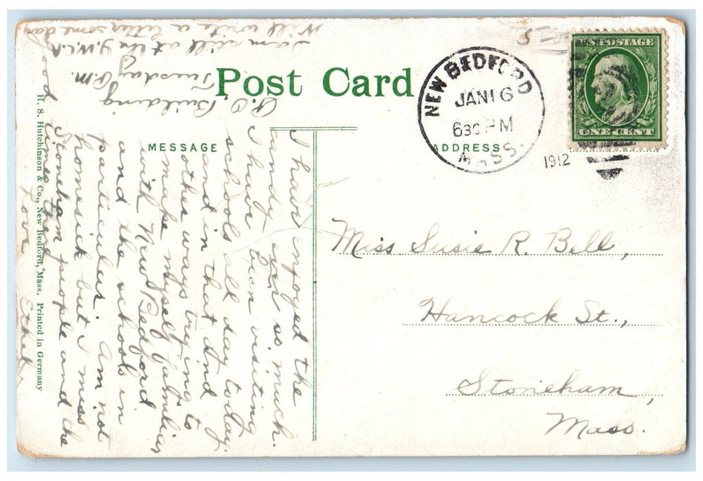 1912 US Flag Entrance Post Office New Bedford Massachusetts MA Antique Postcard