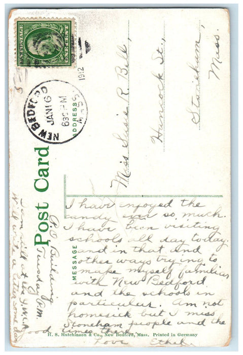1912 US Flag Entrance Post Office New Bedford Massachusetts MA Antique Postcard