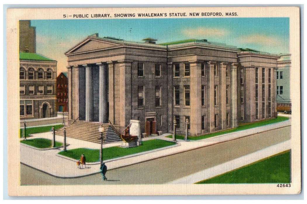 1951 Street Lights Whaleman Statue Public Library New Bedford MA Postcard