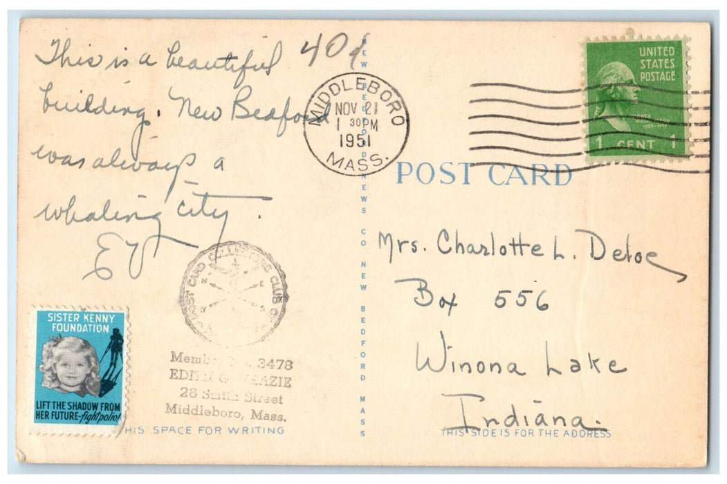 1951 Street Lights Whaleman Statue Public Library New Bedford MA Postcard