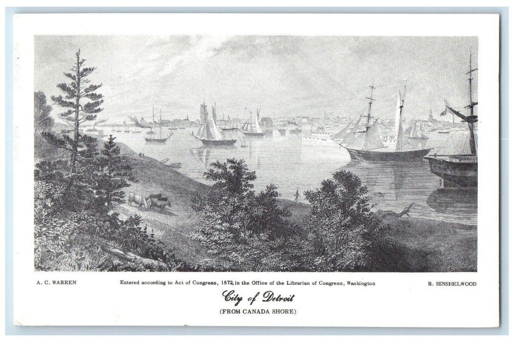 c1960's City Of Detroit From Canada Shore Boats View Michigan MI Postcard