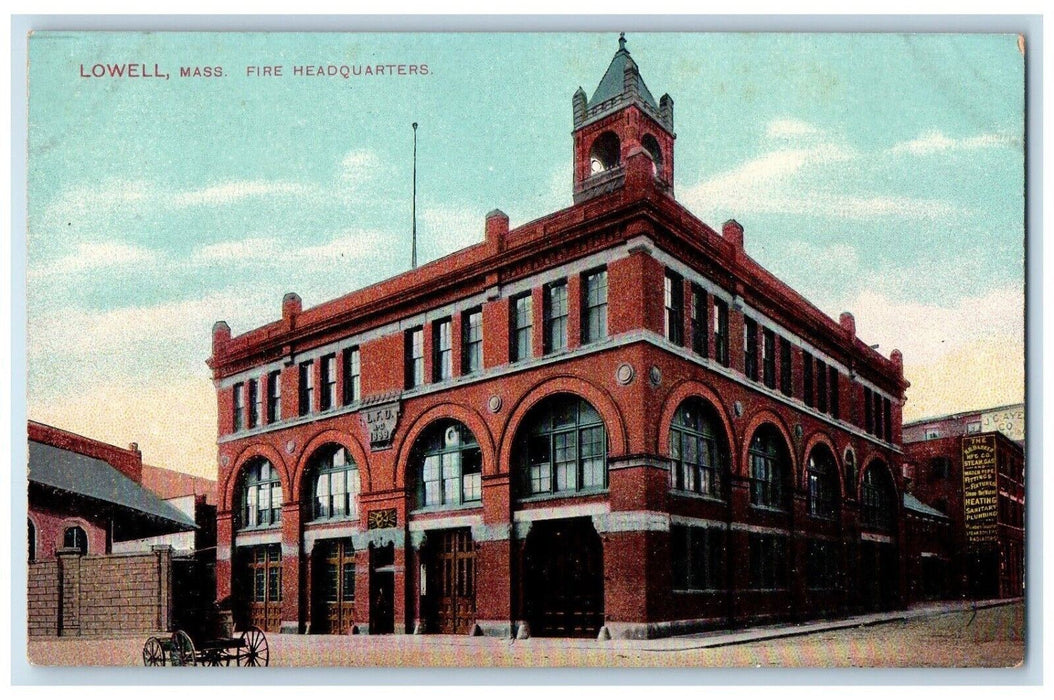 c1910's Fire Headquarters Building Wagon Lowell Massachusetts MA Postcard