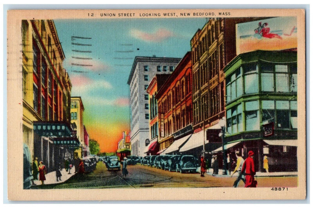 1944 Business Section Union Street Looking West New Bedford MA Postcard
