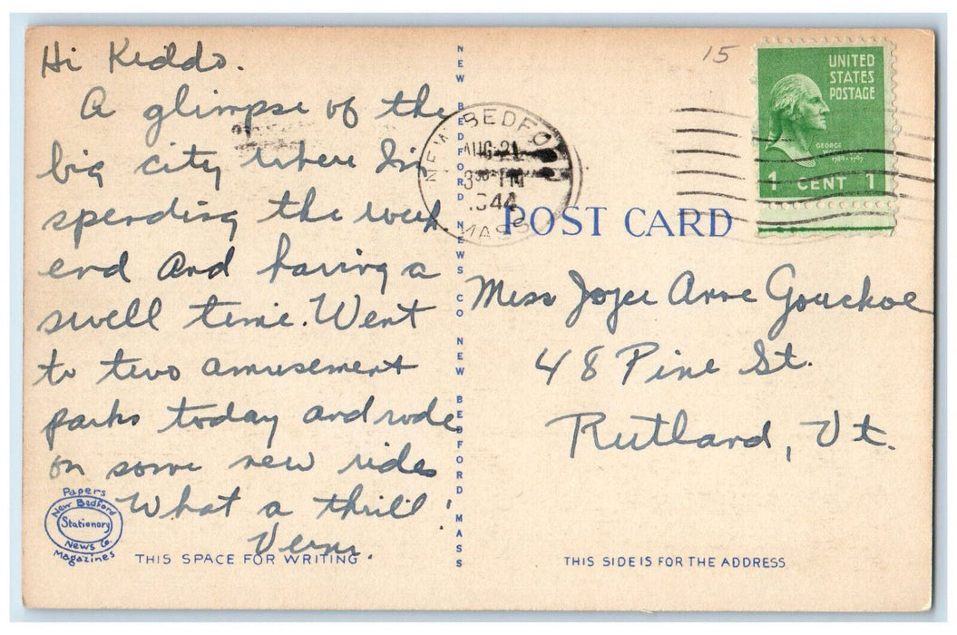1944 Business Section Union Street Looking West New Bedford MA Postcard