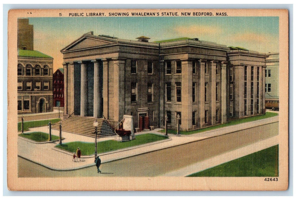 1945 Public Library Whaleman's Statue New Bedford Massachusetts MA Postcard