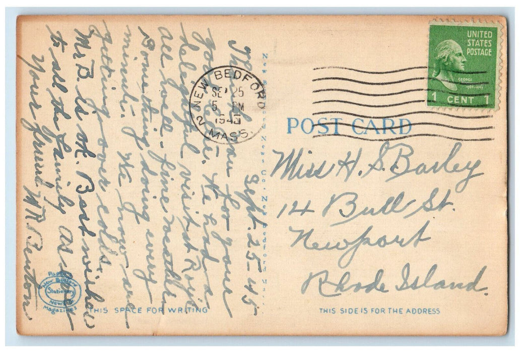 1945 Public Library Whaleman's Statue New Bedford Massachusetts MA Postcard
