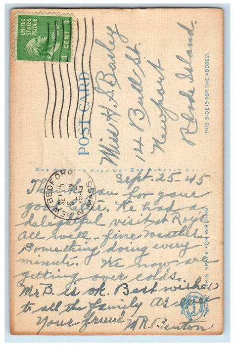 1945 Public Library Whaleman's Statue New Bedford Massachusetts MA Postcard