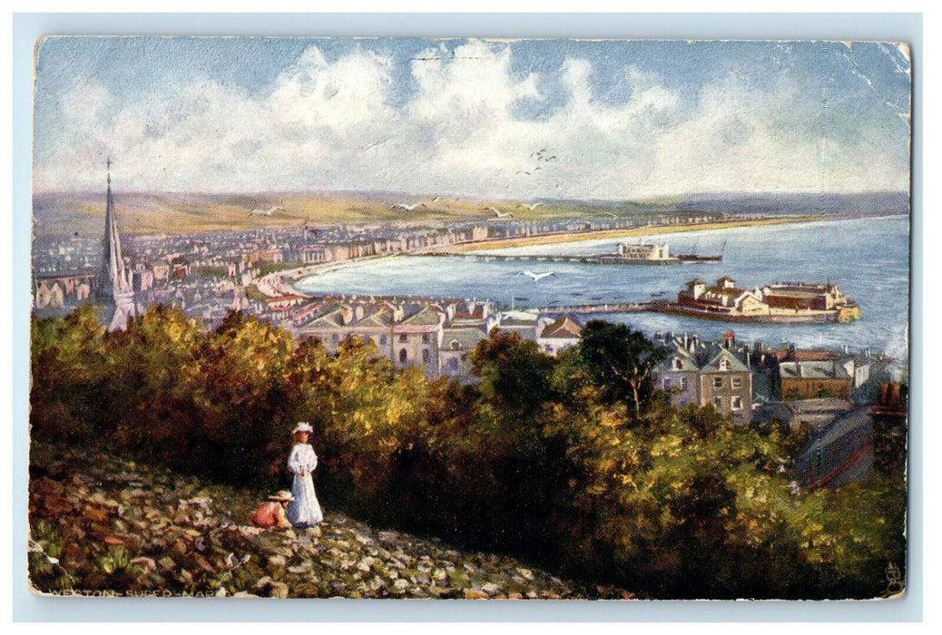 c1910 Weston-Super-Mare England Burnham Posted Oilette Tuck Art Postcard