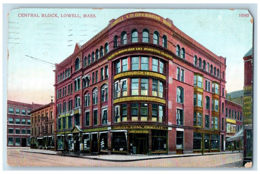 1912 Central Block Building Street View Lowell Massachusetts MA Antique Postcard