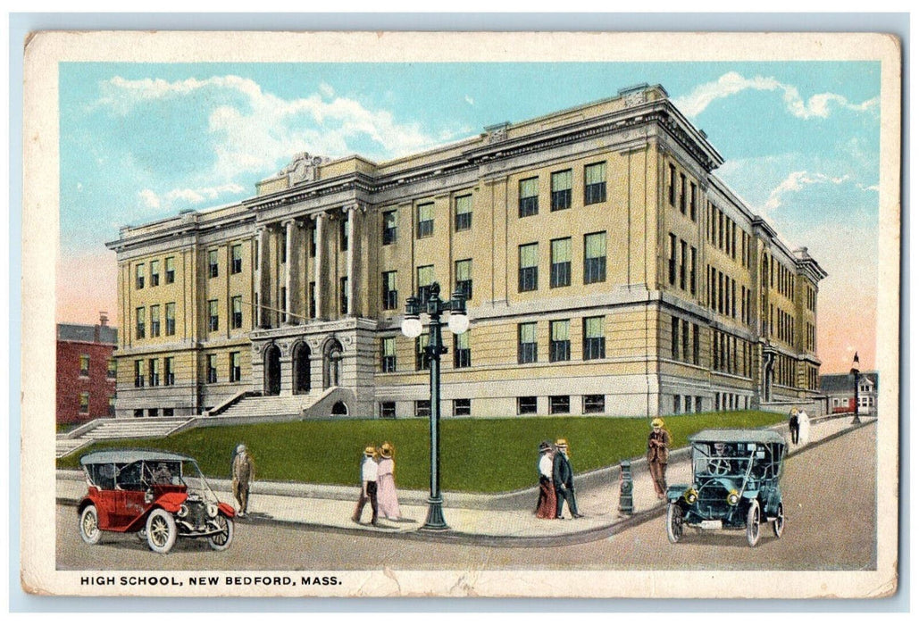 c1920's Cars and Crowd Scene, High School New Bedford Massachusetts MA Postcard
