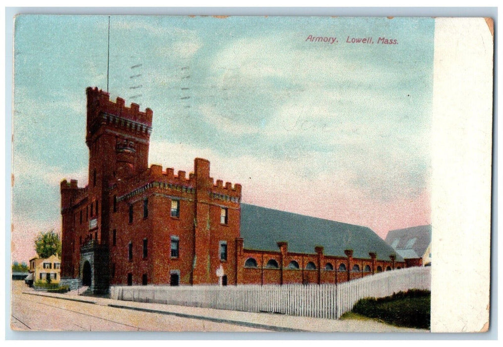 1909 Armory Building Street View Lowell Massachusetts MA Posted Antique Postcard