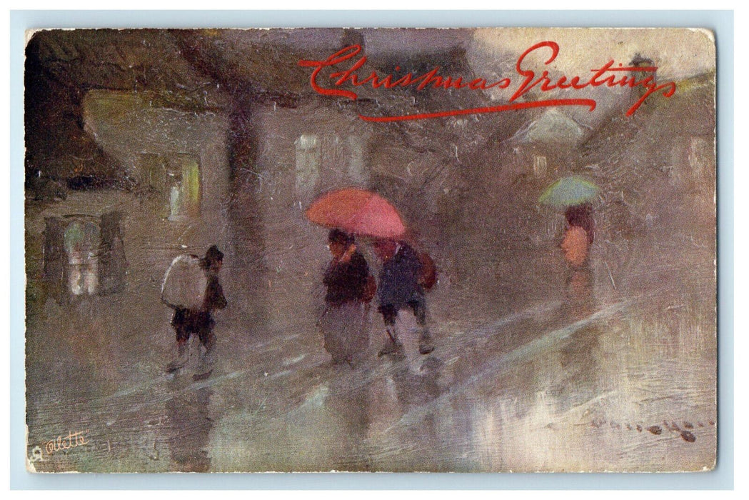 1905 People with Umbrella Raining, Christmas Greetings Oilette Tuck Art Postcard