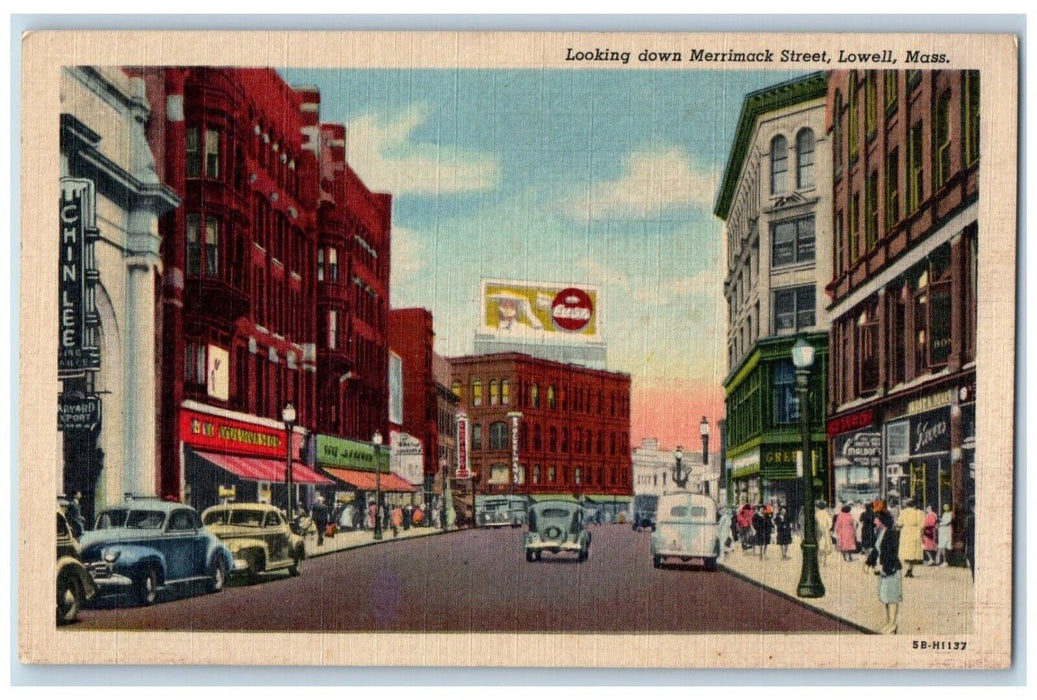 Looking Down Merrimack Street Stores Cars Lowell Massachusetts MA Postcard