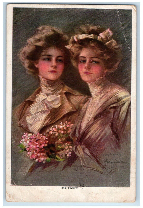 c1910's Pretty Woman The Twins Flowers Phelip Borteau Posted Antique Postcard