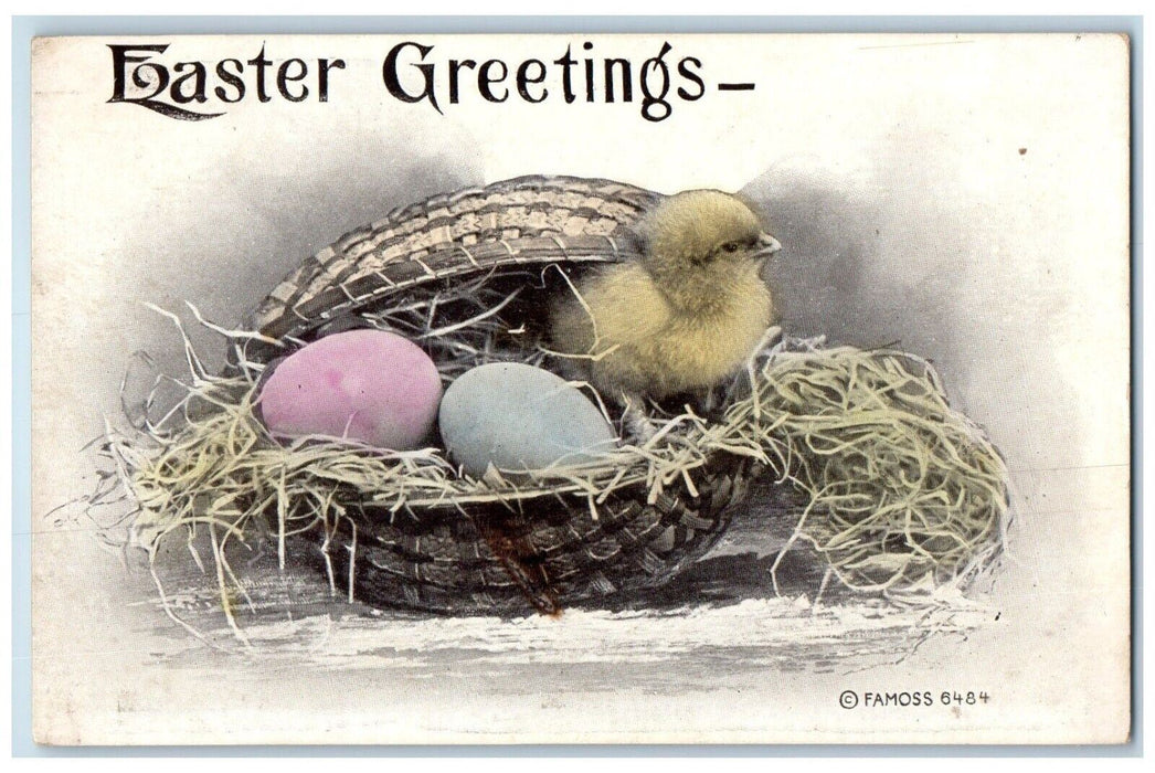 1911 Easter Greetings Chick And Eggs In Basket Lombard Illinois IL Postcard