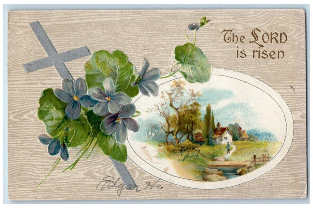 1908 Easter Cross The Lord Is Risen Flowers Winsch Back Jamestown NY Postcard