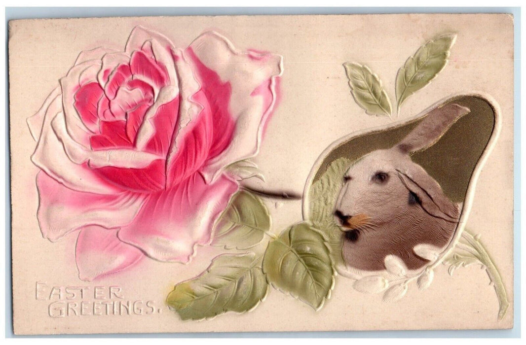 c1910's Easter Greetings Rose Flower Rabbit Airbrushed Embossed Antique Postcard