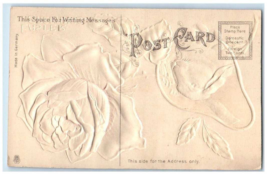 c1910's Easter Greetings Rose Flower Rabbit Airbrushed Embossed Antique Postcard