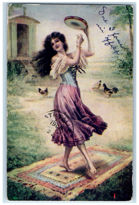 1908 Pretty Woman Curly Long Hair Gypsy Dancer Chicken Fruita CT Posted Postcard