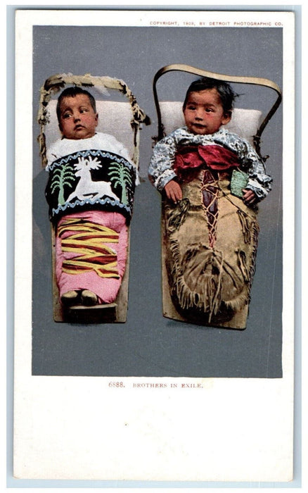 Baby Brothers In Exile Native American Indian Indigenous Kids Antique Postcard