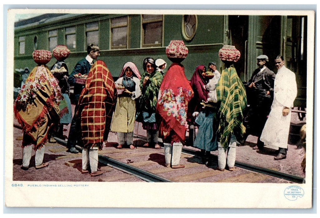Pueblo Indians Selling Pottery Scene Train Railroad Phostint Antique Postcard